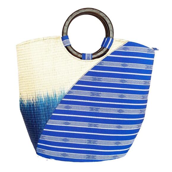 NWOT Blue Handmade Handwoven Fabric Straw Double Wooden Handle Tote Handbag - Picture 2 of 7